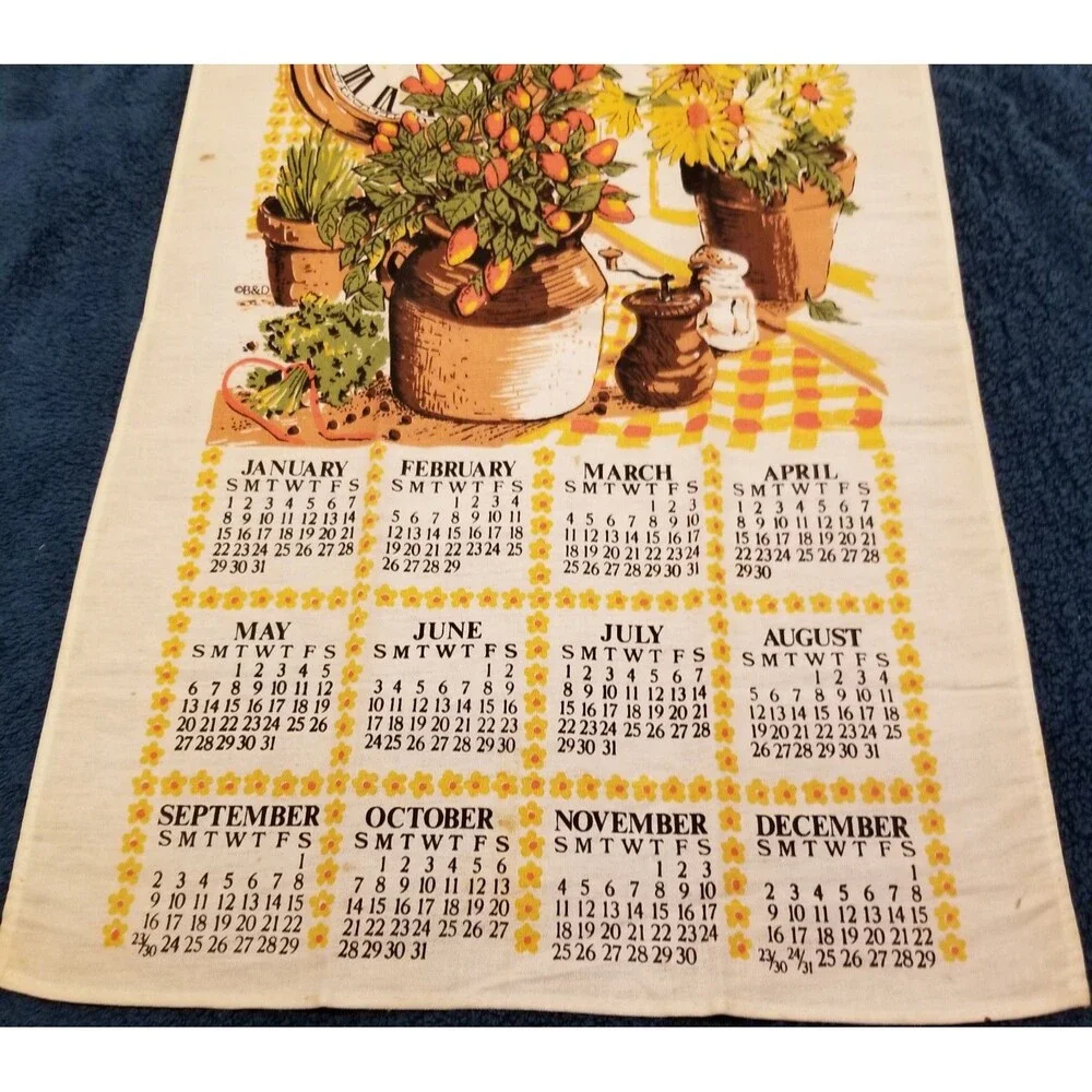 Vintage linen tea towel calendar flowers in vase and clock 1984 new old stock